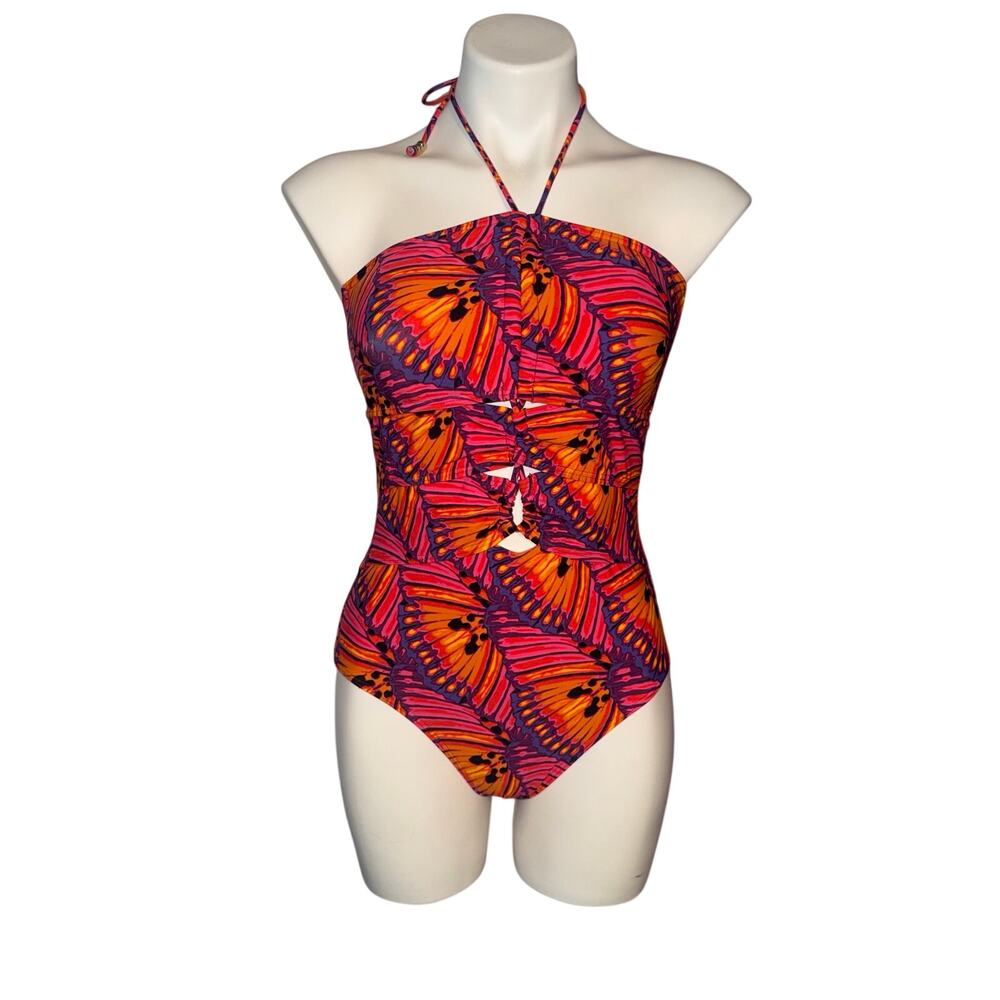 Jantzen bold pink and orange butterfly wing pattern with small front cut outs